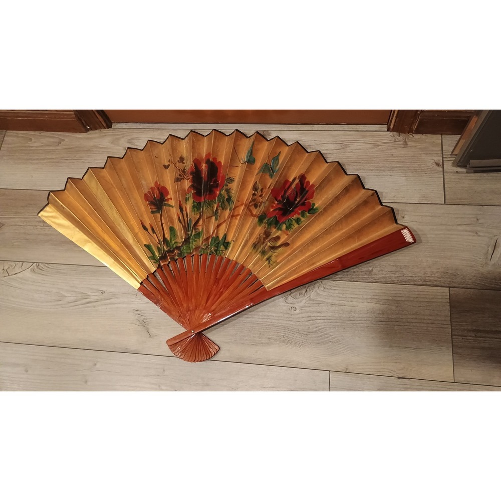 Decorative Chinese Wall Fan Large Gold Red Hand Painted Floral approx. 24x37